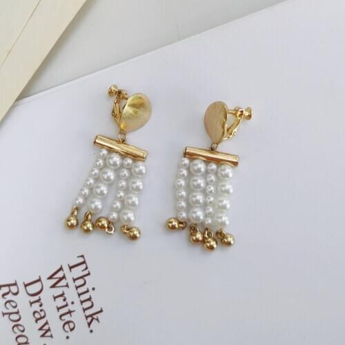 Geometric Imitation Pearl Clip Earrings Without Piercing Statement Simulated Pearls Tassels Clip on Earrings Non Pierced Ear