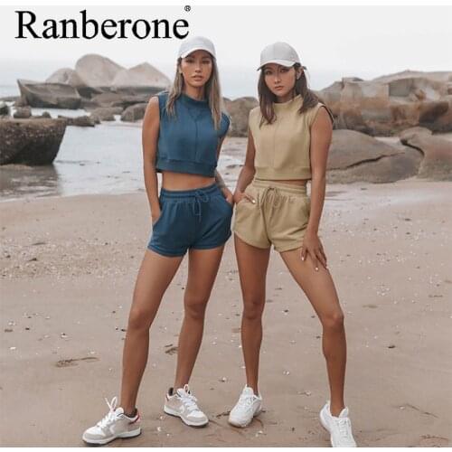 Ranberone Casual Tank Vest + Shorts Suit Tracksuit Women Summer Sport Suits Solid Colors Running Sets Yoga Outfits DROPSHIPPING