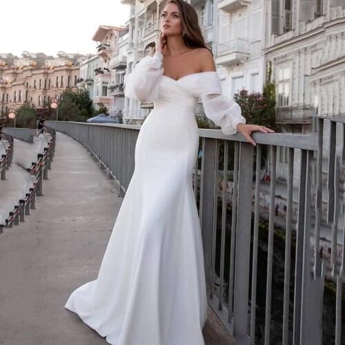 Long Puffy Sleeve Mermaid Wedding Dresses 2021 Criss-Cross Pleat Chiffon Simple Bridal Gown Sweep Train Sexy Off The Shoulder