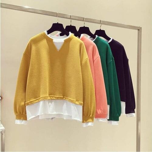 Fake Two-Piece Sweatshirt Women 2021 Spring Fall Hooded Korean Loose Long-Sleeved Patchwork Tops Ropa Mujer Mulheres Sweetshirts