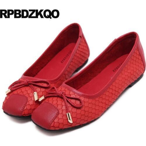Women flats shoes with little cute bowtie kawaii genuine leather chinese square toe slip on ballerina chic bow large size red