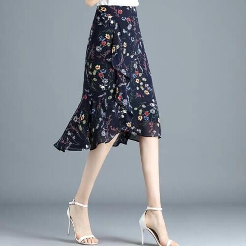Floral Chiffon Skirts For Summer Women New Midi Skirts Flounce Irregular High Waist Mermaid Skirts Slim Bodycon Elegant Ladies