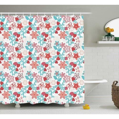 Floral Shower Curtain Cute Flowers Ladybugs Butterflies Strawberries Kids Nursery Playroom Pattern Home Decor Bathroom Curtains