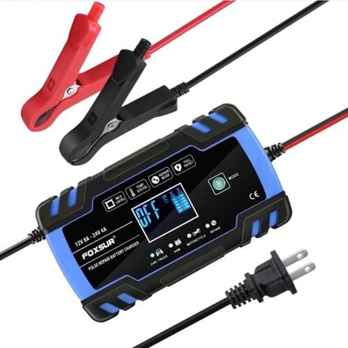 FOXSUR motorcycle car battery charger 12V 8A 24V 4A for smart fast charging of AGM GEL WET lead acid battery charger LCD display