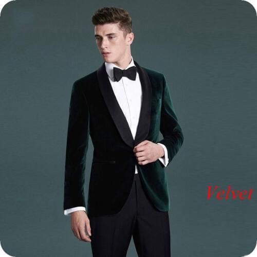 Green Velvet Wedding Suit Smoking Jacket Men Suits Black Shawl Lapel Slim Fit Groom Tuxedos Tailored Man Suit with Pants 2Piece