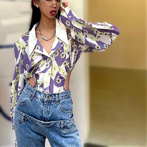 New Spring Blouses Women Summer Floral Print Long Lantern Sleeve Sexy Hollow Out Overall Shirts Streetwear Blousa Shirts NS772
