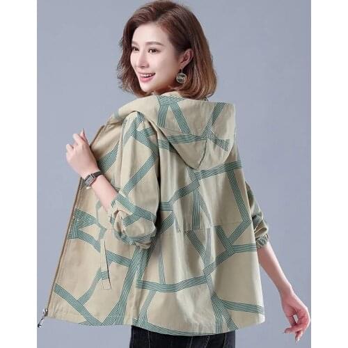 Women Print Hooded Short Jacket 2021 Spring Autumn Windbreaker Plus Size 4XL Loose Outwear Casual Basic Overcoat With Zipper