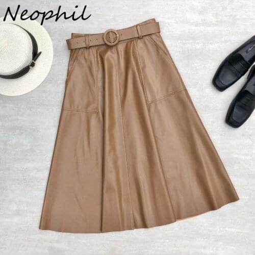 Neophil 2021 Winter Women Pu Faux Leather Pockets Belt Midi Skirts Vintage High Waist Ball Gown A-Line Skirt Longa Saia S21703