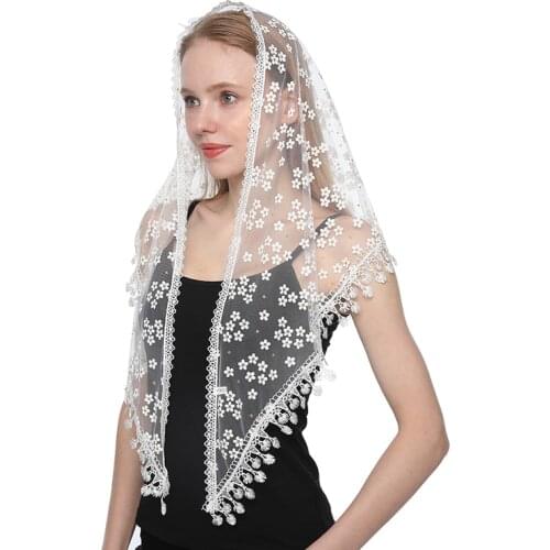 Women Triangle Scarf for Church Prayer Shawl Embroidered Lace Veil Floral Headcovering Tassel Veils Mantillas for the Churchs