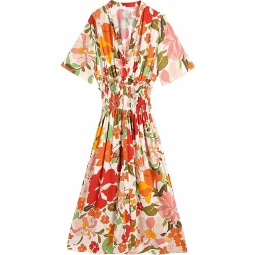 Elegant A Line Floral Printed Midi Dresses Women Short Sleeve V Neck Vintage Dresses Female Elastic Waist Fashion Dress