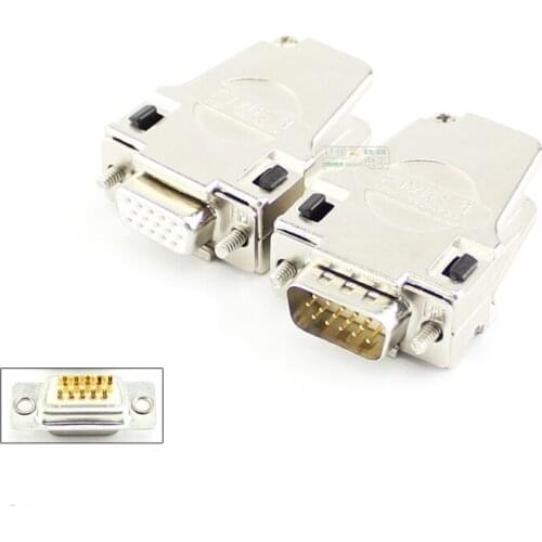 1Pcs gold-plated VGA male and female DB15-pin video plug DB15 welding wire head FMK1 iron shell 45 degree angle bend wire outlet