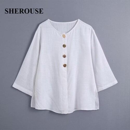 2021 Fashion Women Solid Buttoned Side Slit Shirt O-Neck Three Quarter Sleeve Vintage Female Blouuse Chic Tops Woman haut femme