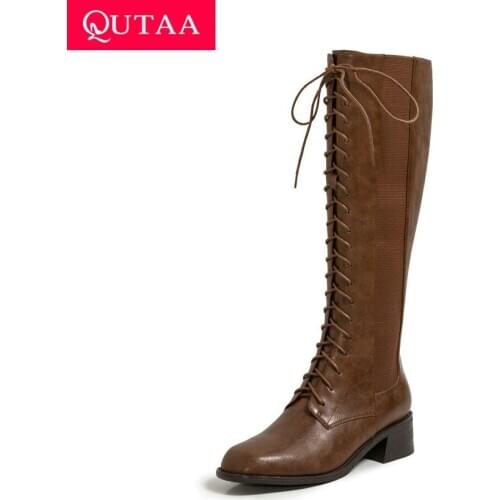 QUTAA 2021 Round Toe Square Heel Knee High Boots Lace Up Zipper Women Long Boot Autumn Winter Cow Leather Ladies Shoes Size34-39