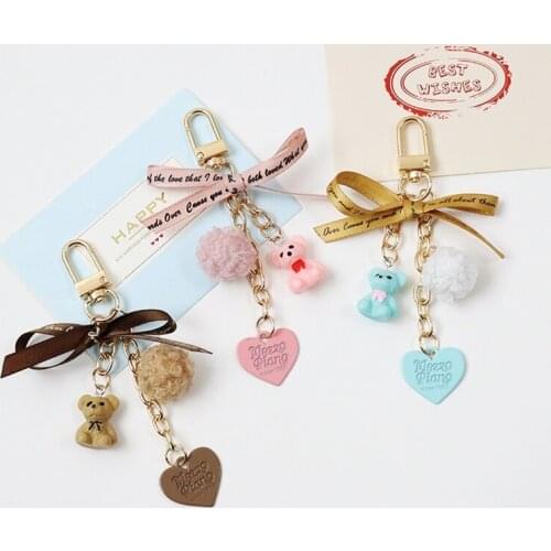 Ins Cute Style Plush Ball Love Bear Keychain Bowknot Creative DIY Strawberry Pendant Keyring Airpods Earphone Ornament