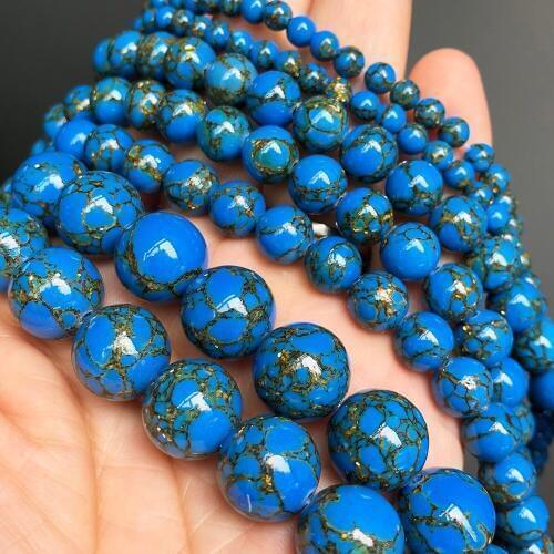 Blue Gold Line Howlite Turquoises Bead Round Loose Spacer Accessories Stone Beads For Jewelry Making DIY Bracelet 4/6/8/10/12MM