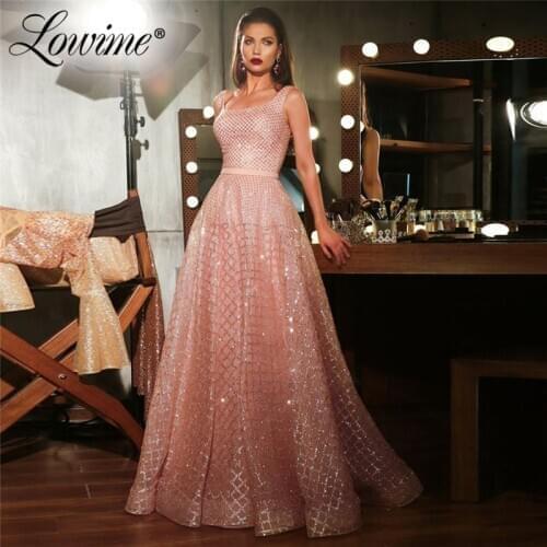 Dubai Pink Glitter Evening Dresses Islamic Turkish Women Party Gown Arabic Prom Dresses Long Robe De Soiree 2020 Custom Made