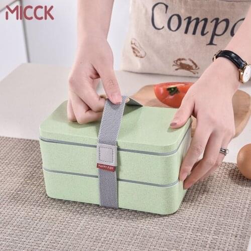 MICCK 1200ml Wheat Straw Double Layers Lunch Box With Spoon Healthy Material Bento Boxes Microwave Food Storage Container Case