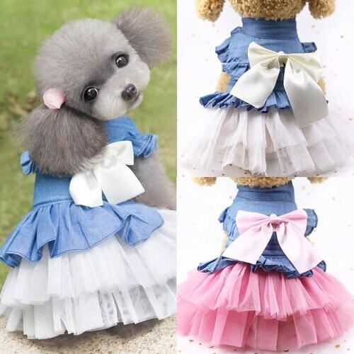 Denim Bowknot Tutu Dog Dress Clothes For Small Dogs Sweet Pet Puppy Skirt Pullover Princess Dress Chihuahua Cat Tulle Clothing