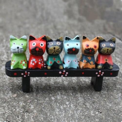 Cute Cat Woodcarving Decoration 6 Cats Sitting on The Bench Small Home Decor Statue Wood Decorations for Pet Lover Ornament Gift