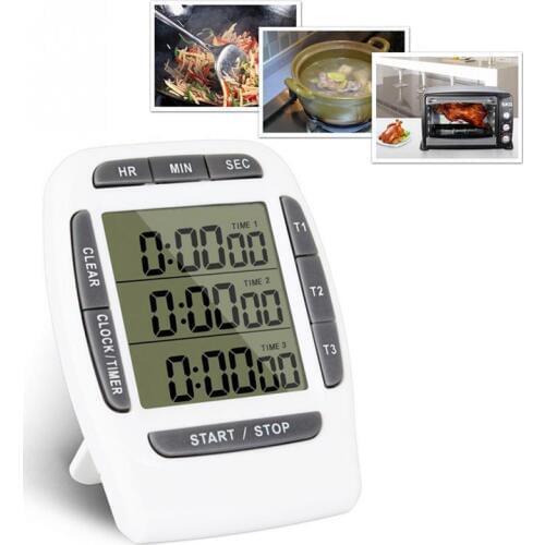 LCD Multi function Digital Timer 3 Display Channel Kitchen Timer Electronic Alarm Clock Count Down Triple Timer Stand Back