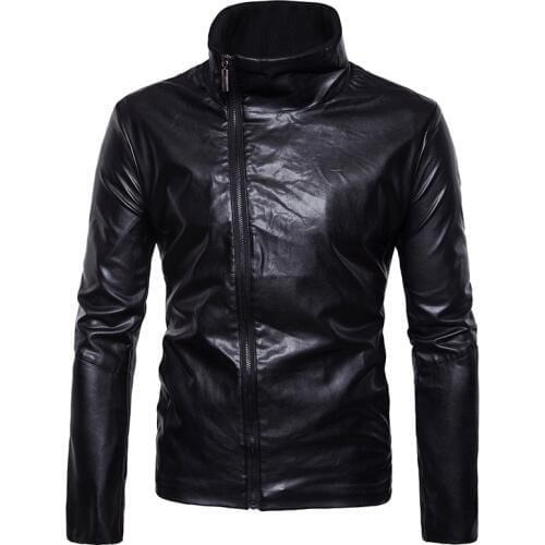 Mens Motorcycle Diagonal Zipper Mens Leather Jacket Stand Collar Leather Jacket Man