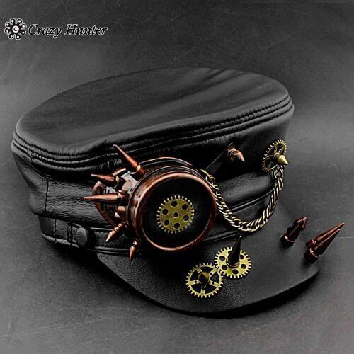 Mens Vintage Spike Steampunk Gear Goggle Leather Hat Vintage Real Cap #21
