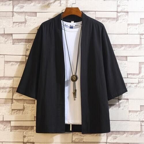 Men Kimono Cardigan Men Japanese Kimonos Top Coat Kimono plus size vintage cotton linen Casual black white Shirts M-7XL