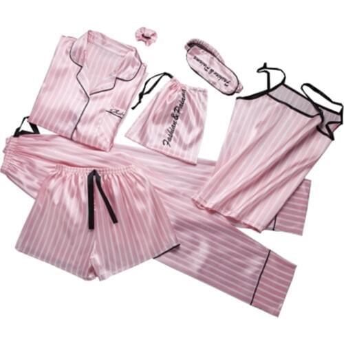Pyjamas 8 Pieces/Suit Pink Striped Pajamas Set Satin Femme Pyjama Stitch Lingerie Robe Home Sleepwear Pjs 2019 Sleepwear Suit