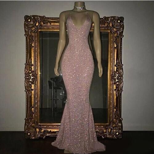 Stunning Rose Pink Sequined 2K19 Prom Dresses Sexy Spaghetti Straps Mermaid Sleeveless Evening Gowns Cheap