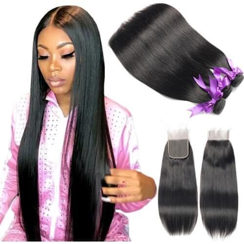 Straight Bundles With Lace Closure Brazilian Human Hair Bundles With Closure Remy 4x4 Lace Closure 26 28 30 32 34 Inch For Women