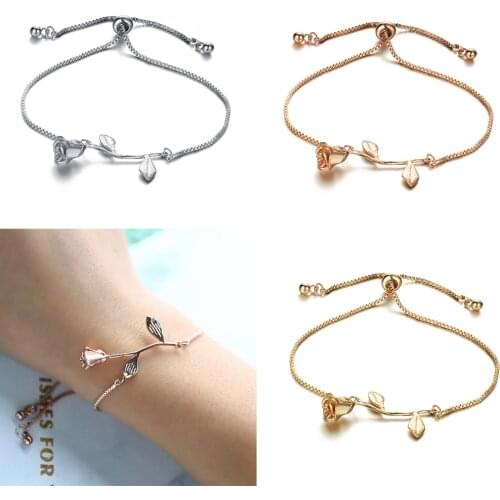 Adjustable Stainless Steel Fashion Rose Flower Charm Bracelet For Women Girl Bracelet & Bangle Wedding Bridal Jewelry Gift