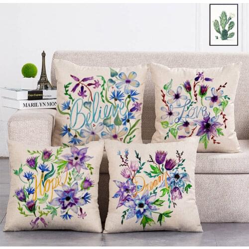 Blue Flower Believe Love Decoration Home Decorative Pillow Sleeve Cotton Linen Cushion Cover Sofa Pillow Throw Pillows T204