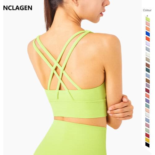 NCLAGEN Sports Bra Women High Support Impact Padded Training Solid Gym Underwear Back Cross Naked-feel Elastic Push-up Tank Top