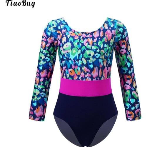 TiaoBug Kids Girls Clothing One-Piece Swimsuit Long Sleeve Round Neckline Leopard Print Patchwork Beach Pool Bathing Swimwear