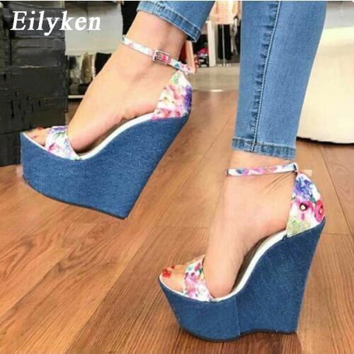 Eilyken 2021 New Designer Print Denim Sandals Roman Sandals High Quality Wedges High Heels Peep-Toe Platform Shoes Woman