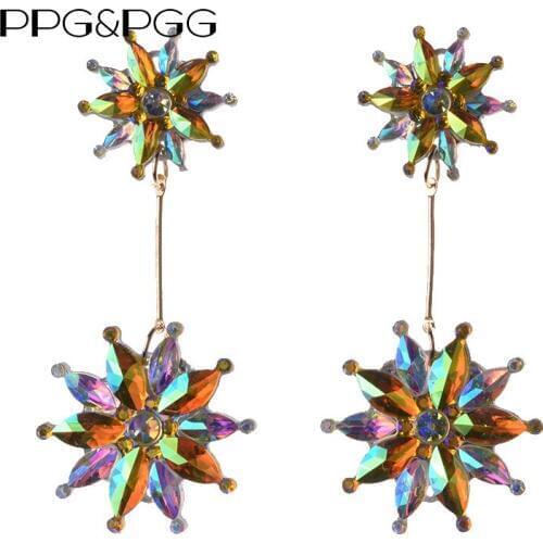 PPG&PGG Vintage Champagne Flower Wedding Jewelry Bijoux Glass Shiny Drop Statement Earrings Cheap Dangle Earrings For Women
