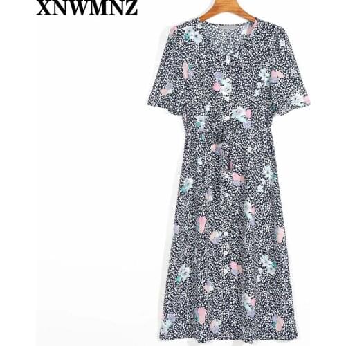 XNWMNZ Elegant Center Buttons Midi dress Women France Floral Print Chiffon Dress O Neck Party Dresses Vintage Vestidos za robe