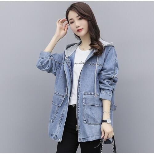 Spring Autumn Denim Jacket Womens Mid-length 2020 Spring Korean Wild Loose Casual Hooded Cowgirl Windbreaker Female Pocket E319