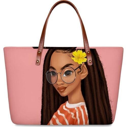 HYCOOL Hand Bags Women Striped Top African Black Girl Pattern Ladies Casual Outdoor Walking Tote Handbag Make Up Phone Pouch