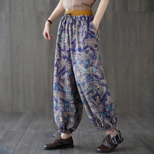 Women Summer Ankle-length Casual Pants New Arrival 2021 Vintage Style Print Elastic Waist Loose Female Wide Leg Pants B336