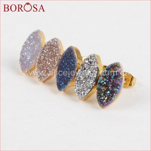 BOROSA Gold Color Marquise Titanium Crystal Druzy Stud Earrings, New Stylish Druzy Crystal Drusy Stud Earrings Jewelry G1226
