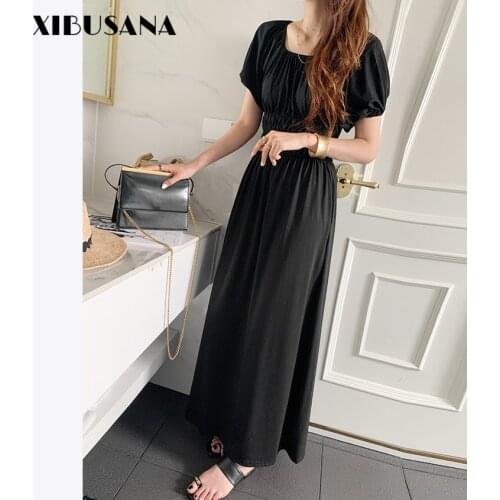 Women Vintage Slash Neck Holiday Prom Long Dresses 2021 Summer Short Puff Sleeve Pleaseted Dressees Casual Femme Vestidos Hot