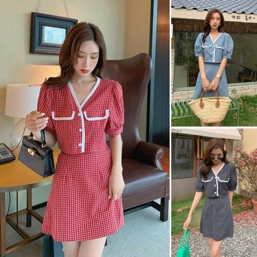 Fashion Large Size Summer Plaid Top+high Waist Skirt Two Piece Set Pastel Ensemble Femme Survetement Year-old Female Costume