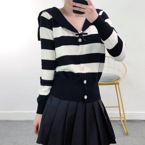 Military Cardigan Sweater Women 2021 Fall Designer Sweater Coat Sailor Collar Navy Blue Striped Cardigan Women Knitted Jacket