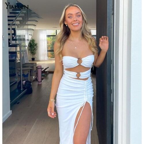 Yiallen Women Summer Sexy Hollow Out Strapless Slit Long Dresses New Fashion Slim Beach Vacation Party Club Solid White Dresses