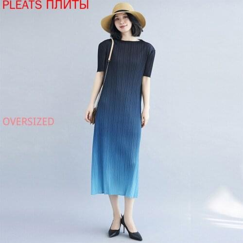 Miyake Folds Short-sleeved Fairy Fashion New Style Gradient Temperament Thinner Mid-length Dress Women PLEATS Vestido Shein