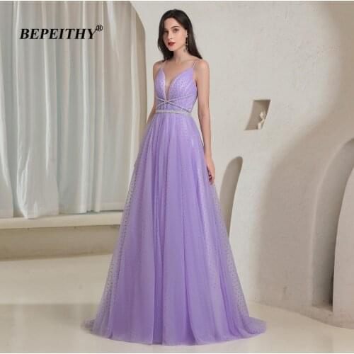 BEPEITHY Purple V Neck Evening Dress Party For Women 2021 Vestidos De Festa Open Back Floor Length Long Prom Gown A Line New