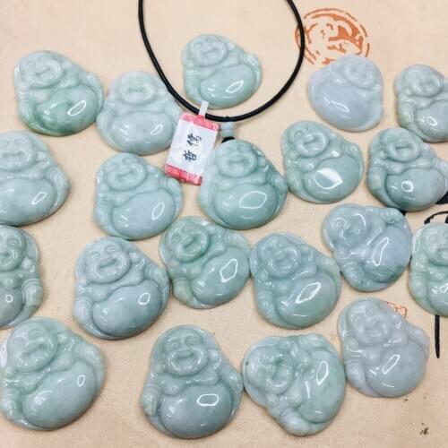 Zheru pure natural Jadeite carved light green laughing Buddha pendant with green beads leather rope necklace Send A-level certif