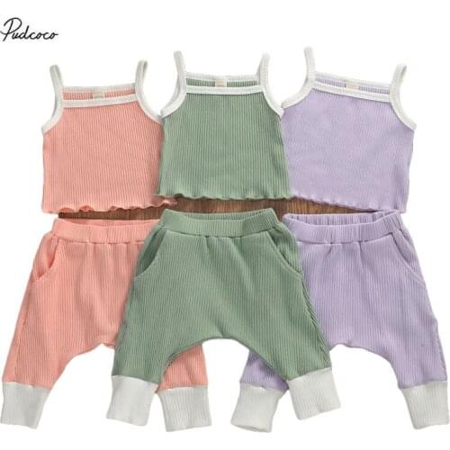 2020 Casual Knited Toddler Baby Girl Clothes 0-3Y Summer Solid Sleeveless Crop Tops Harem Long Pants Kids 2pcs Clothing Set