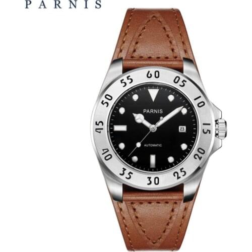 43mm New PARNIS Watch Men Stainless steel case Leather Automatic Mechanical Watches Sapphire Crystal Luminous Casual Wristwatch